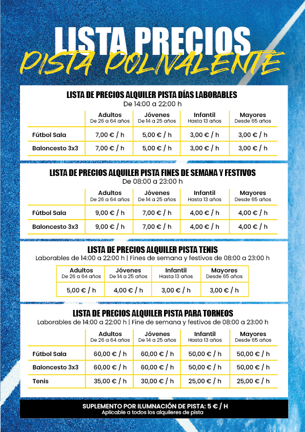 Lista de precios alquiler pista polivalente
